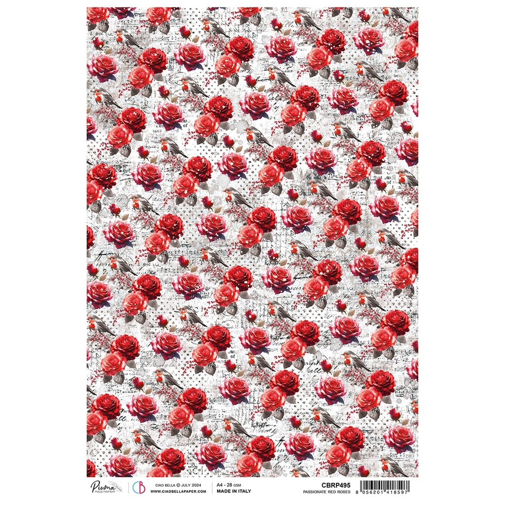 Passionate Red Roses - Ciao Bella Piuma Rice Paper A4 - Single Sheet