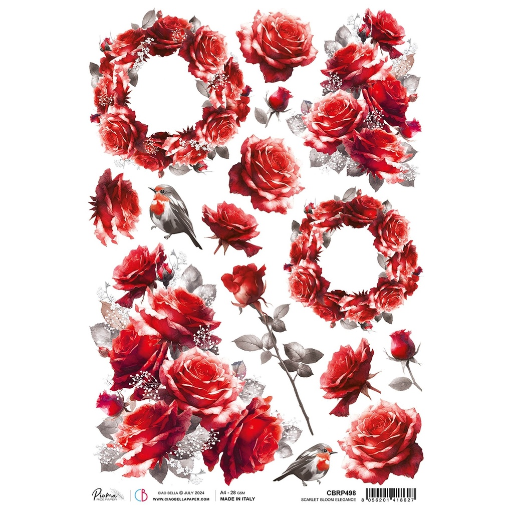 Scarlet Bloom Elegance - Ciao Bella Piuma Rice Paper A4 - Single Sheet