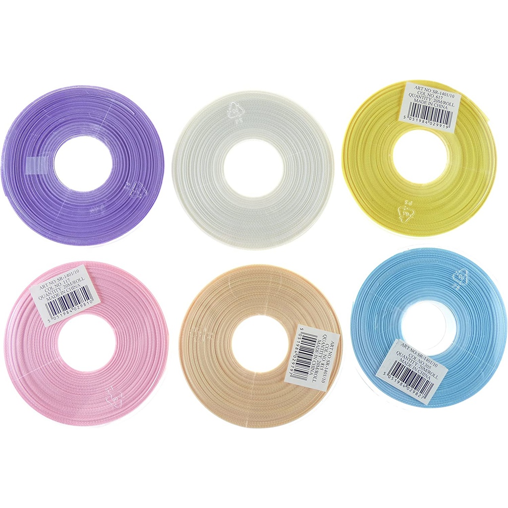 Double Faced Satin Ribbon Set - 6 Reels of Ribbon, 10mm x20m - Pastels