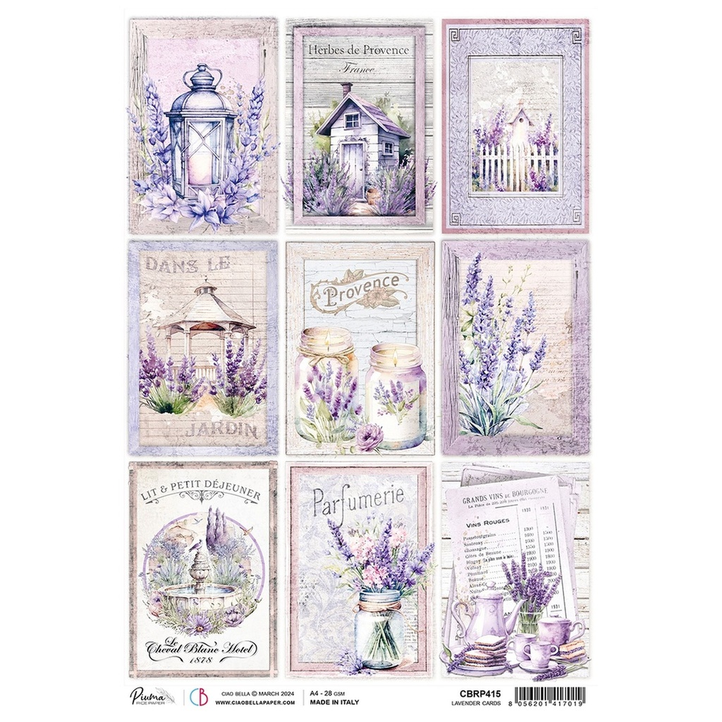 Lavander Cards  - Ciao Bella Piuma Rice Paper A4 - Single Sheet